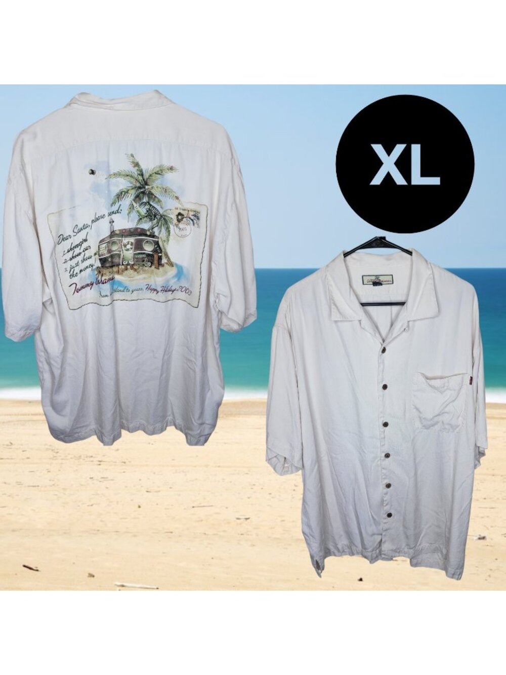 Tommy Bahama Dear Santa Shirt Mens XL Silk Camp Christmas Postcard Camper Aloha